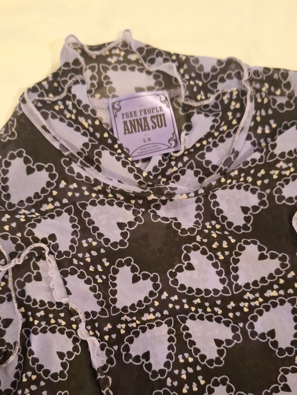 Anna Sui Black & Lilac Heart Mesh Long-Sleeve Top